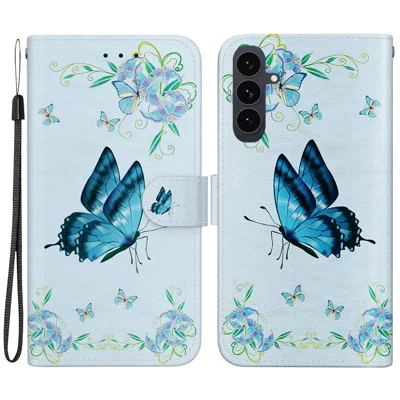Til Samsung Galaxy S25 FE Wallet-telefonbeskyttelse mod fald med mønstertrykt læderlomme med snor - Blå sommerfugl og blomst