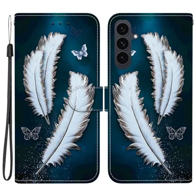 Til Samsung Galaxy S25 FE Case Mønsterprint Læder Flip Wallet Telefonbeskyttelse med Lanyard - Hvid Butterfly Fjer