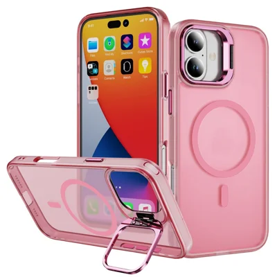 For iPhone 17 Magnetic Case with Lens Kickstand Skin-Touch PC + TPU Phone Cover - Transparent Pink