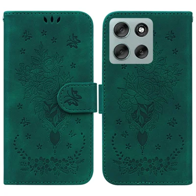 For Motorola Moto G56 5G Case Butterfly Flower Imprint PU Leather Wallet Phone Cover with Strap - Green