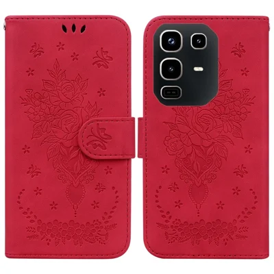 For Infinix Note 50 Pro 4G  /  Note 50 4G Case Butterfly Flower Imprint PU Leather Wallet Phone Cover with Strap - Red