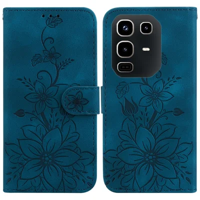 For Infinix Note 50 4G  /  Note 50 Pro 4G Stand Case Lily Flower Imprint Leather Phone Cover with Wrist Strap - Dark Blue