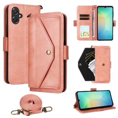 For Samsung Galaxy A06 5G  /  4G Leather Case Magnetic Closure Wallet Stand Phone Cover with Crossbody Strap - Pink