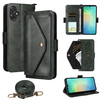 For Samsung Galaxy A06 5G  /  4G Leather Case Magnetic Closure Wallet Stand Phone Cover with Crossbody Strap - Green