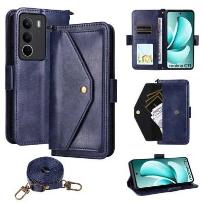 For Realme C75 4G  /  C71 4G Leather Case Magnetic Closure Wallet Stand Phone Cover with Crossbody Strap - Blue