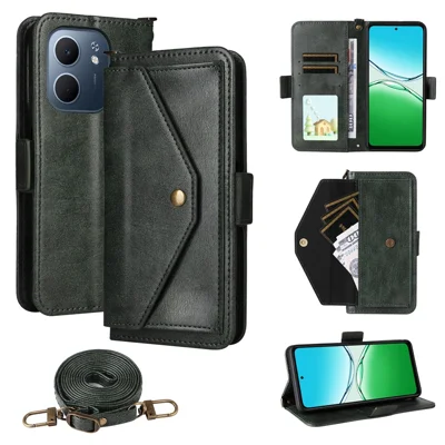 For Oppo A5x 5G  /  4G Leather Case Magnetic Closure Wallet Stand Phone Cover with Crossbody Strap - Green