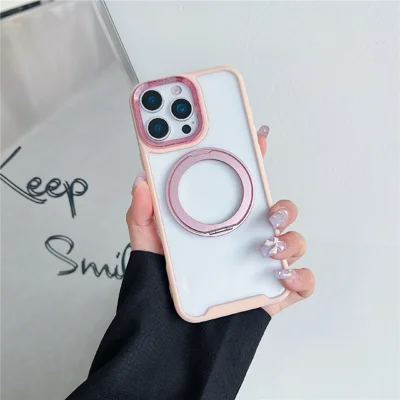 For iPhone 16 Pro Magnetic Case Kickstand Electroplating Lens Frame TPU Acrylic Phone Back Cover - Pink