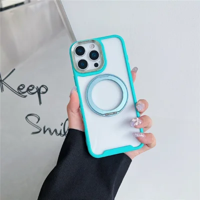 For iPhone 16 Pro Max Magnetic Case Kickstand Electroplating Lens Frame TPU Acrylic Phone Back Cover - Green