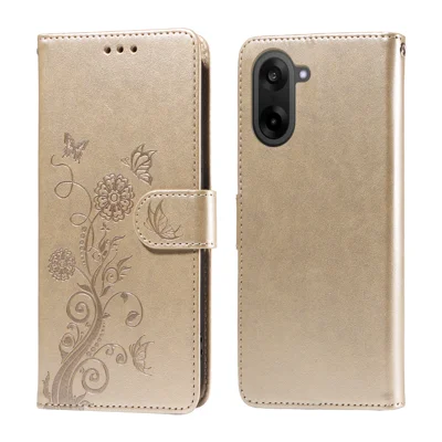 For OnePlus Ace 5 Racing 5G / OnePlus Nord CE5 5G Leather Case Butterfly Floral Imprint Wallet Stand Cover - Golden
