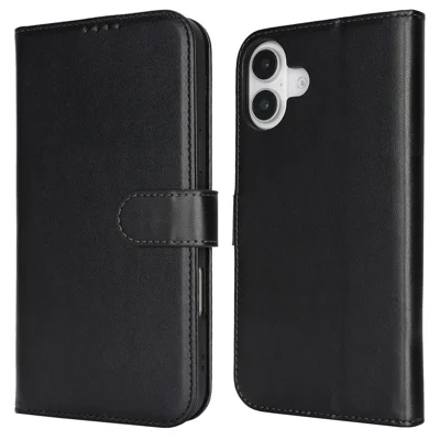 For iPhone 16 Stand Case Shockproof Leather Wallet Phone Cover - Black