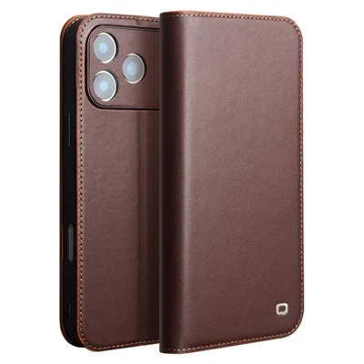 QIALINO For iPhone 17 Pro Max Wallet Case Stand Genuine Cow Leather Flip Phone Cover - Brown