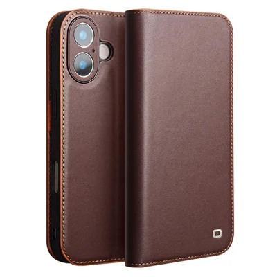 QIALINO voor iPhone 17 hoes portemonnee flip stand telefoonhoes echt koeienleer - Bruin