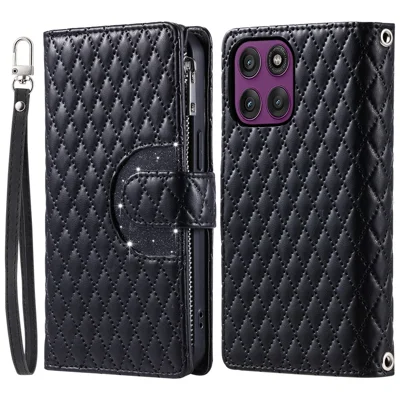 For Motorola Moto G56 5G Case Zipper Pocket Glitter Leather Phone Cover with Wrist Strap - Black