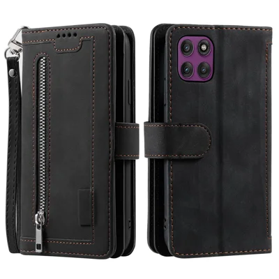 For Motorola Moto G56 5G Case 9 Card Slots Zipper Wallet PU Leather Phone Cover with Wrist Strap - Black