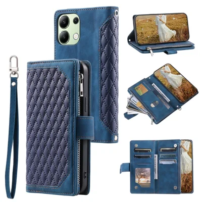 For Xiaomi Redmi 15C 5G (EU) (173mm) / 15C 4G (EU) (173mm) Wallet Case Rhombus Stitching Line PU Leather Phone Cover with Wrist Strap - Blue