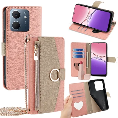 For Oppo A5x 5G Case Mirror Wallet Leather Phone Cover with Chain Shoulder Strap - Pink