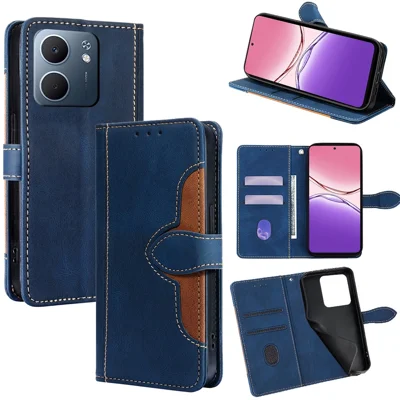 For Oppo A5x 5G Case Leather Wallet Phone Cover with Straw Hat Magnetic Clasp - Blue