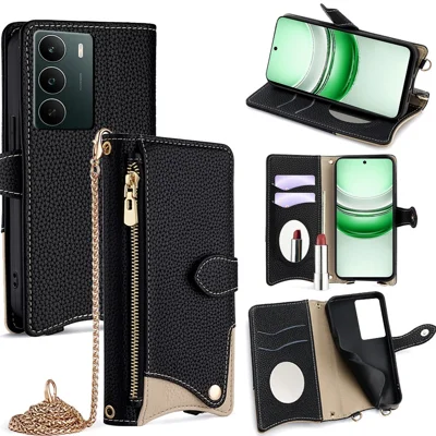 For Realme C71 4G Leather Case Wallet Stand Cover Irregular Tail Style with Chain Strap - Black