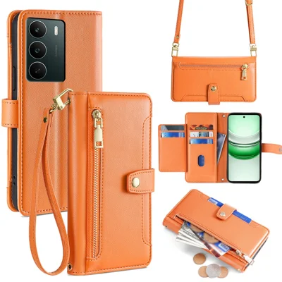 For Realme C71 4G Læderetui med lynlåseforsyning, wallettelebeskytter med 2 stropper - Orange