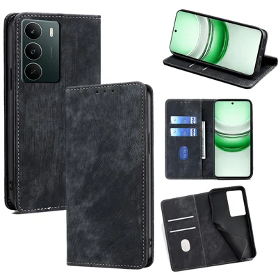 For Realme C71 4G Case RFID Blocking Wallet Foldable Stand Leather Phone Cover - Black