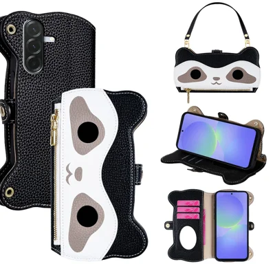 For Samsung Galaxy A36 5G Case Cute Raccoon Design PU Leather Phone Cover with Wrist Strap - Black