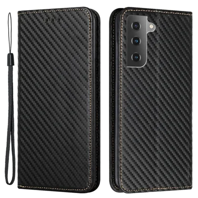 Pour Samsung Galaxy S23 Texture en fibre de carbone Étui en cuir PU Magnétique Absorption automatique Portefeuille Support Folio Flip Housse de téléphone - Noir