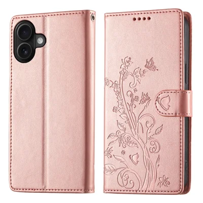For iPhone 17 Wallet Case Butterfly Floral Imprint PU Leather Phone Cover with Wrist Strap - Rose Gold