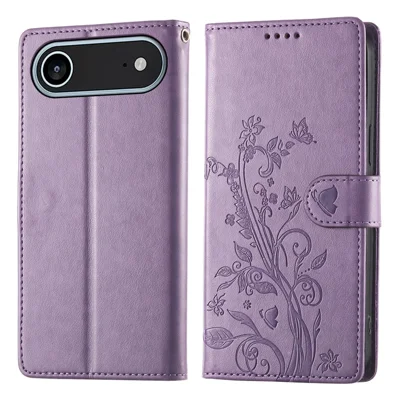For iPhone Air Wallet Case Butterfly Floral Imprint PU Leather Phone Cover with Wrist Strap - Purple