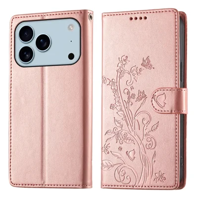For iPhone 18 Pro / 17 Pro Wallet Case Butterfly Floral Imprint PU Leather Phone Cover with Wrist Strap - Rose Gold