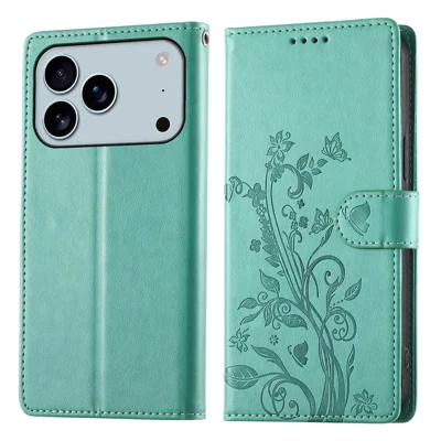 For iPhone 18 Pro Max / 17 Pro Max Wallet Case Butterfly Floral Imprint PU Leather Phone Cover with Wrist Strap - Green