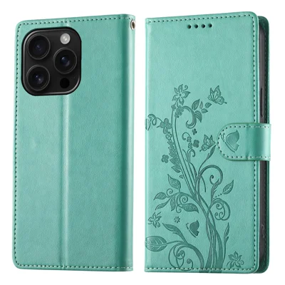 For iPhone 16 Pro Wallet Case Butterfly Floral Imprint PU Leather Phone Cover with Wrist Strap - Green