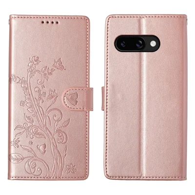 For Google Pixel 9a Wallet Case Butterfly Floral Imprint PU Leather Phone Cover with Wrist Strap - Rose Gold