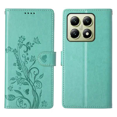 For Xiaomi 14T Wallet Case Butterfly Floral Imprint PU Leather Phone Cover with Wrist Strap - Green