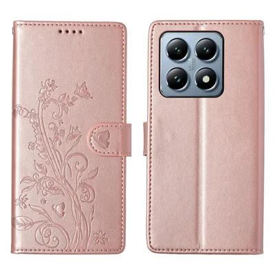 For Xiaomi 14T Pro Wallet Case Butterfly Floral Imprint PU Leather Phone Cover with Wrist Strap - Rose Gold