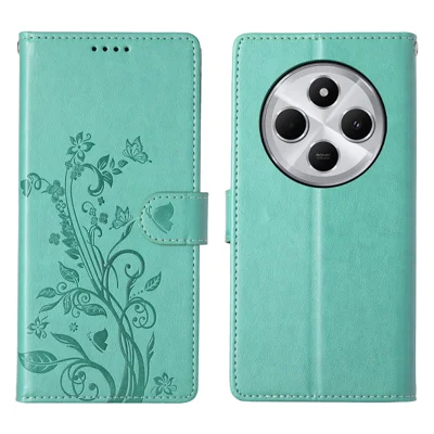 Wallet Case For Xiaomi Poco C75 4G  /  Redmi 14R 5G  /  17C 4G / 14C 4G Butterfly Floral Imprint PU Leather Phone Cover with Wrist Strap - Green