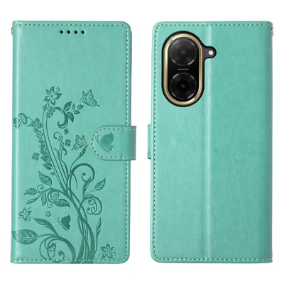 For Xiaomi Redmi A5 4G (171.7mm) / Poco C71 4G Wallet Case Butterfly Floral Imprint PU Leather Phone Cover with Wrist Strap - Green