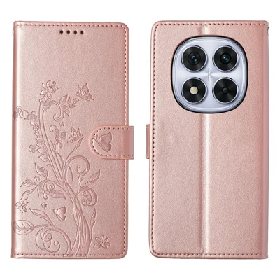 For Xiaomi Redmi Note 14 Pro 4G Wallet Case Butterfly Floral Imprint PU Leather Phone Cover with Wrist Strap - Rose Gold