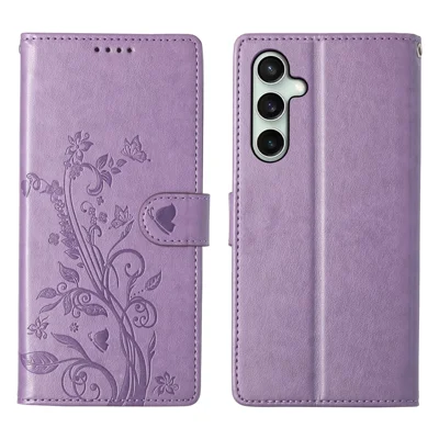 For Samsung Galaxy S24 FE Wallet Case Butterfly Floral Imprint PU Leather Phone Cover with Wrist Strap - Purple