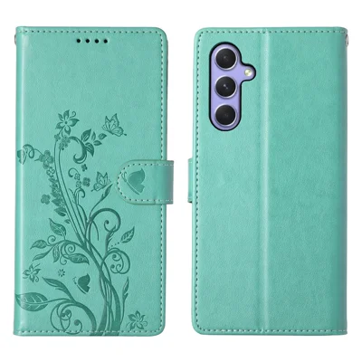 For Samsung Galaxy A16 5G  /  4G Wallet Case Butterfly Floral Imprint PU Leather Phone Cover with Wrist Strap - Green