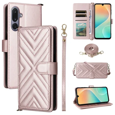 For Samsung Galaxy M36 5G Case with Shoulder / Wrist Strap Leather Phone Cover Stand Wallet - Pink
