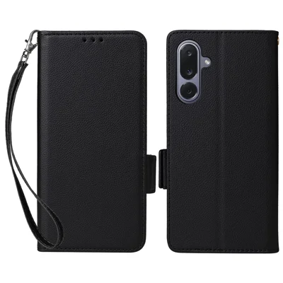 For Samsung Galaxy M36 5G Case with Wrist Strap Litchi Texture PU Leather Wallet Phone Cover - Black
