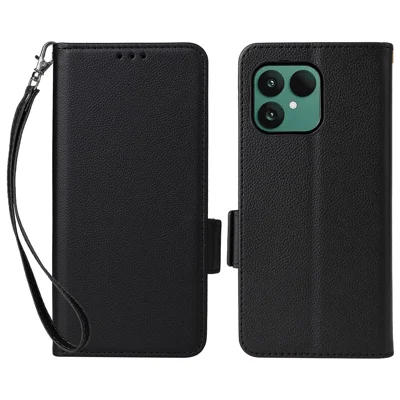 Foer Fairphone 6 hoesje met polsbandje Litchi-structuur PU-leer portemonnee telefoonhoes - Zwart