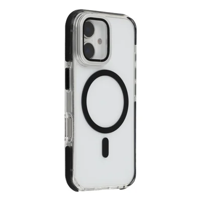 For iPhone 16 Magnetic Case TPU Acrylic Clear Phone Back Cover with Lens Protector Kickstand - Black