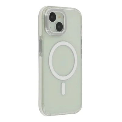 For iPhone 15 Plus Magnetic Case TPU Acrylic Clear Phone Back Cover with Lens Protector Kickstand - White