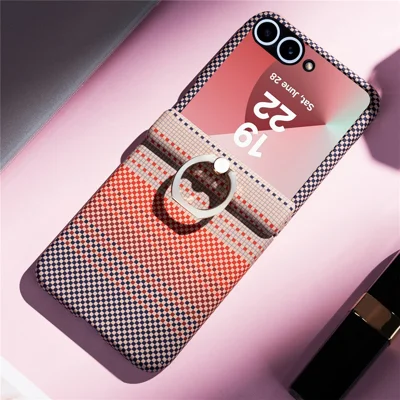 Phone Case For Samsung Galaxy Z Flip7 FE 5G  /  Flip6 5G  /  Flip5 5G Ring Holder Kickstand PC Cover with Tempered Glass Screen Protector - Pink