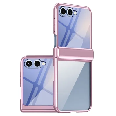 For Samsung Galaxy Z Flip7 5G Case with Rear Screen Film Hinge Protection Electroplating Clear PC Phone Cover - Pink