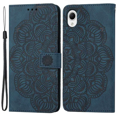 For Samsung Galaxy A23e Drop Protection Phone Cover Imprinted Mandala Flower Wallet PU Leather+Soft TPU Case - Blue