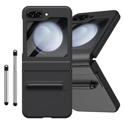 For Samsung Galaxy Z Flip7 FE 5G  /  Flip6 5G Hinge PU Leather PC Phone Cover with Stylus  /  Tempered Glass Film - Black