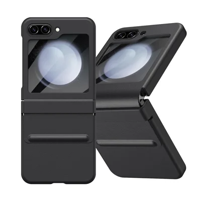 For Samsung Galaxy Z Flip7 FE 5G  /  Flip6 5G Case Hinge Leather + PC Phone Cover with Tempered Glass Film - Black