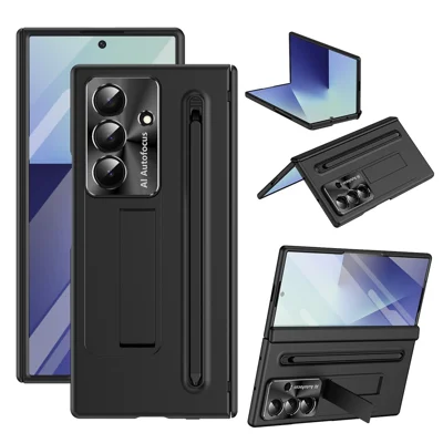 For Samsung Galaxy Z Fold7 5G Case Kickstand PC Cell Phone Cover with Tempered Glass Film and Stylus Pen - Black